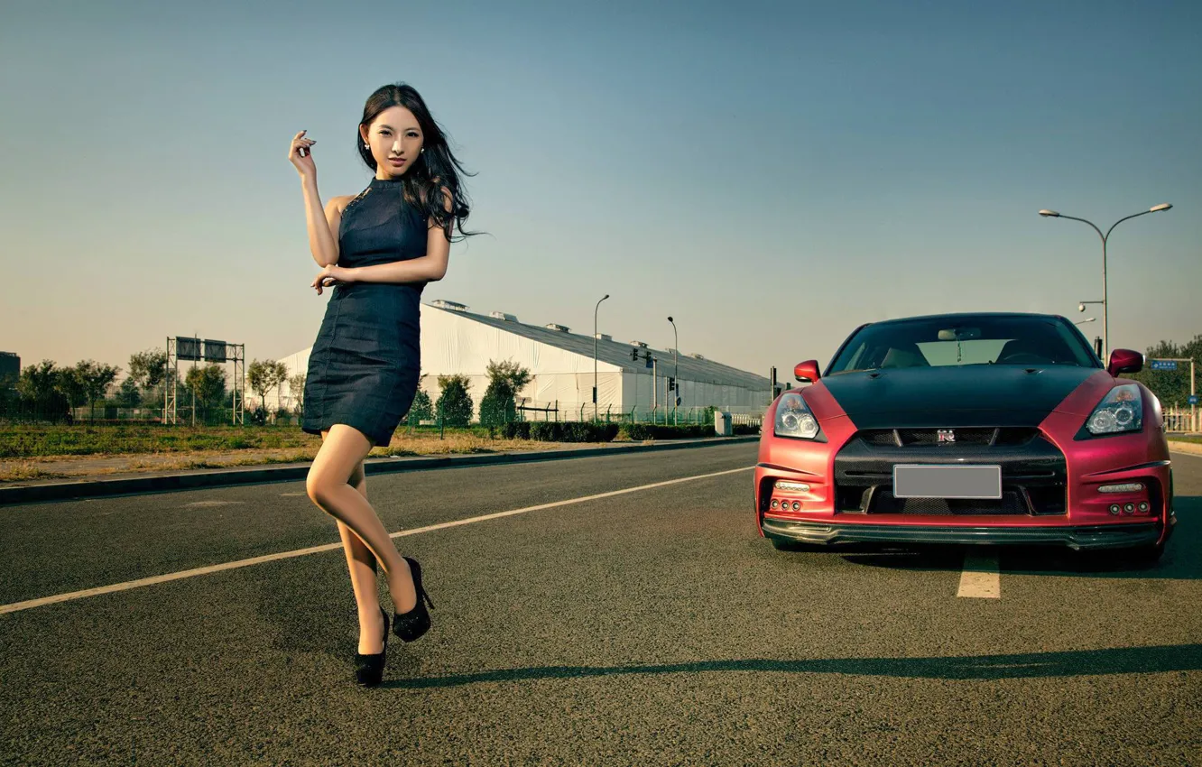 Photo wallpaper auto, look, girl, Nissan, beautiful girl, posing on the background of cars