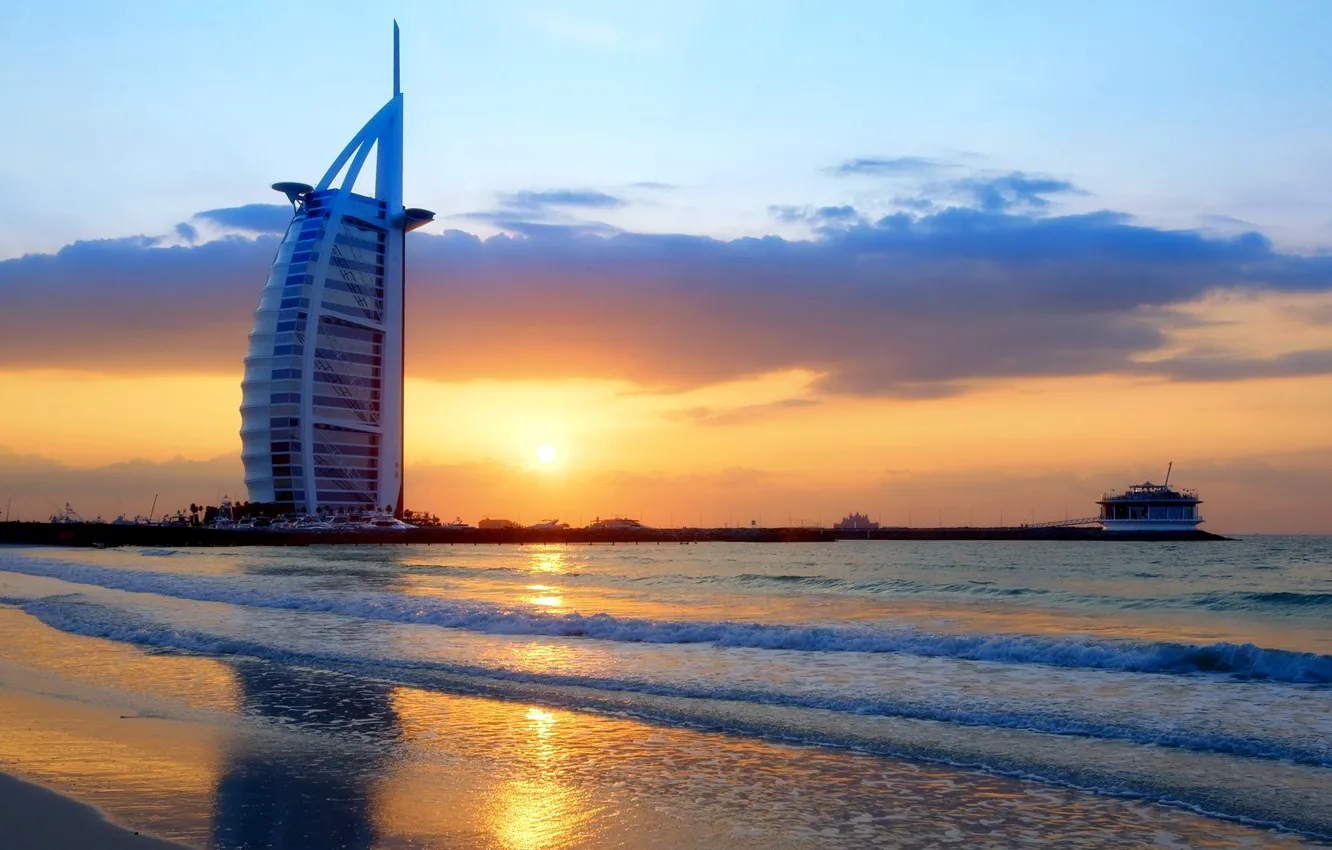 Photo wallpaper city, waves, Dubai, twilight, sky, sea, landscape, sunset