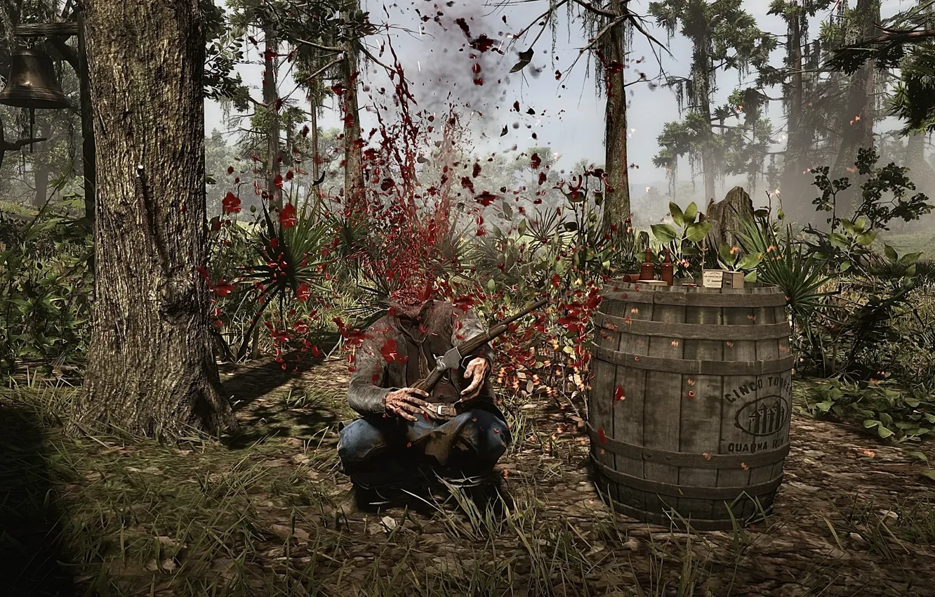 Photo wallpaper HDR, game, trees, barrel, Headshot, UHD, Red Dead Redemption 2, XBox One X