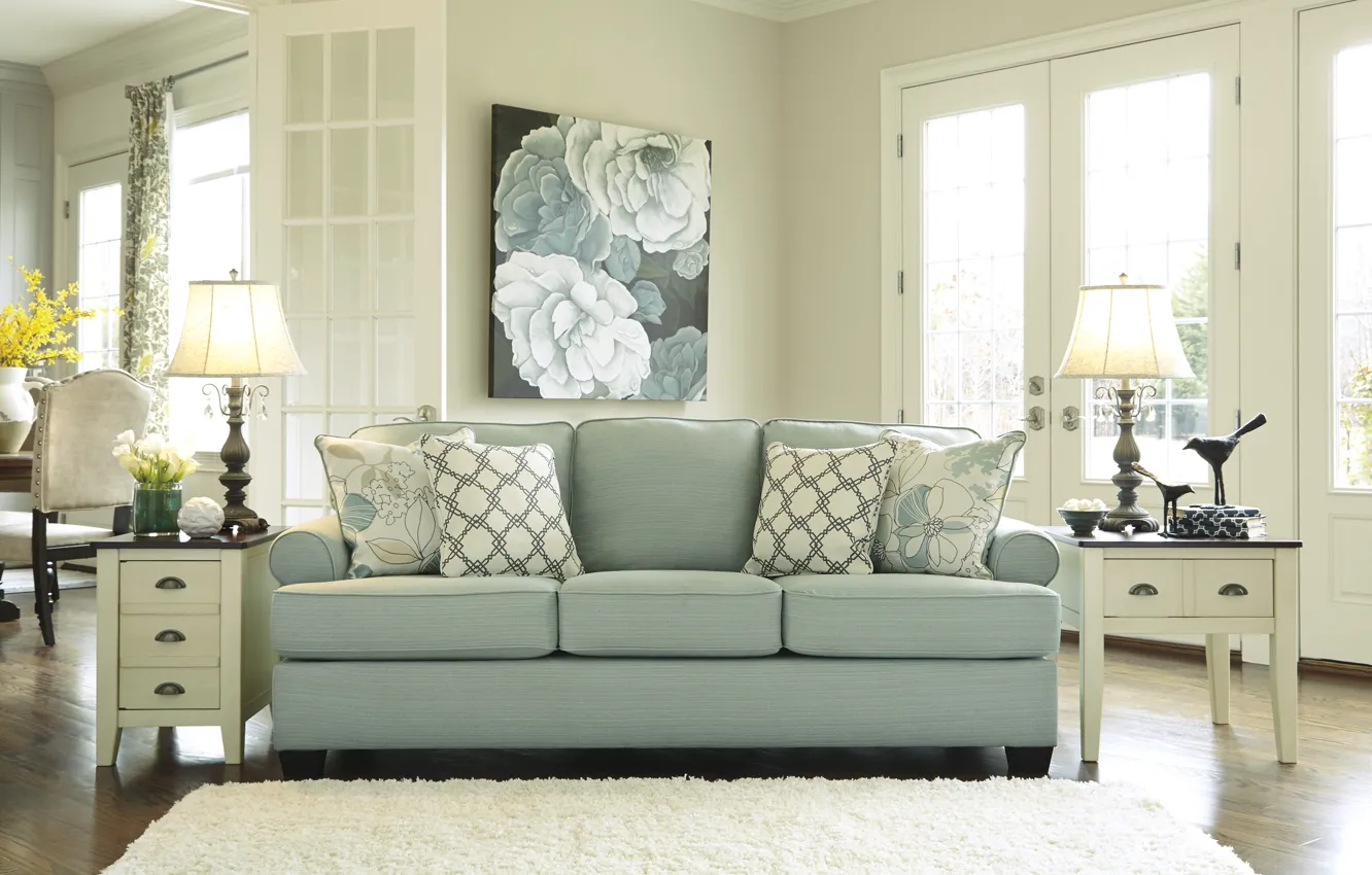 Photo wallpaper interior, sofa, living room, green living room
