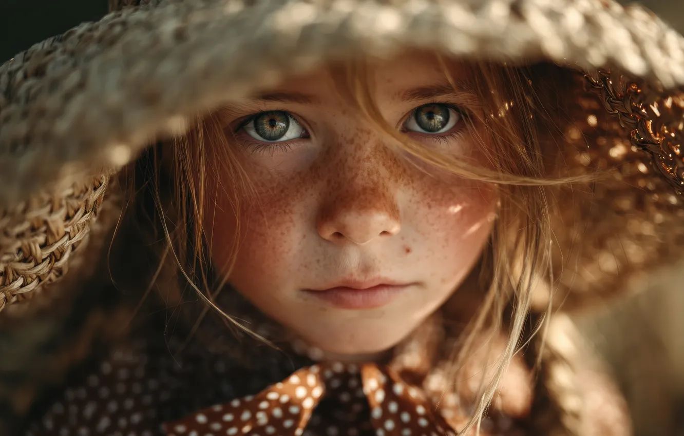 Photo wallpaper look, light, face, hair, portrait, hat, girl, freckles