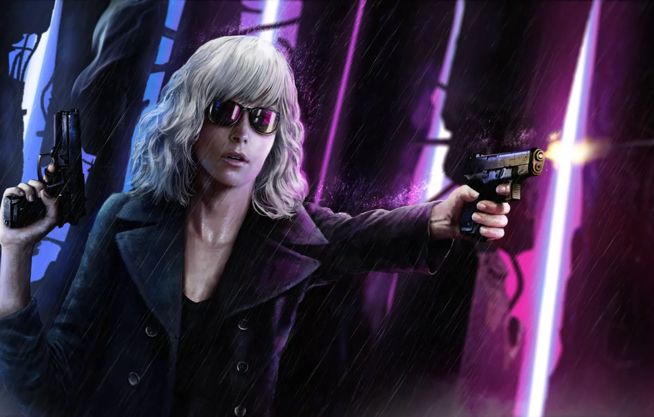 Photo wallpaper girl, gun, rain, Charlize Theron, bullets, Lorraine Broughton, Atomic Blonde