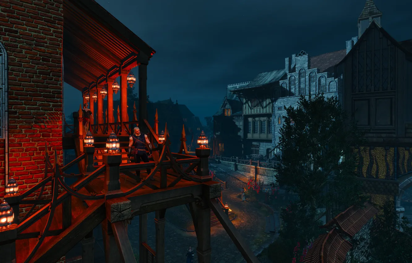 Photo wallpaper the city, sword, warrior, armor, the middle ages, The Witcher, The Witcher, Geralt