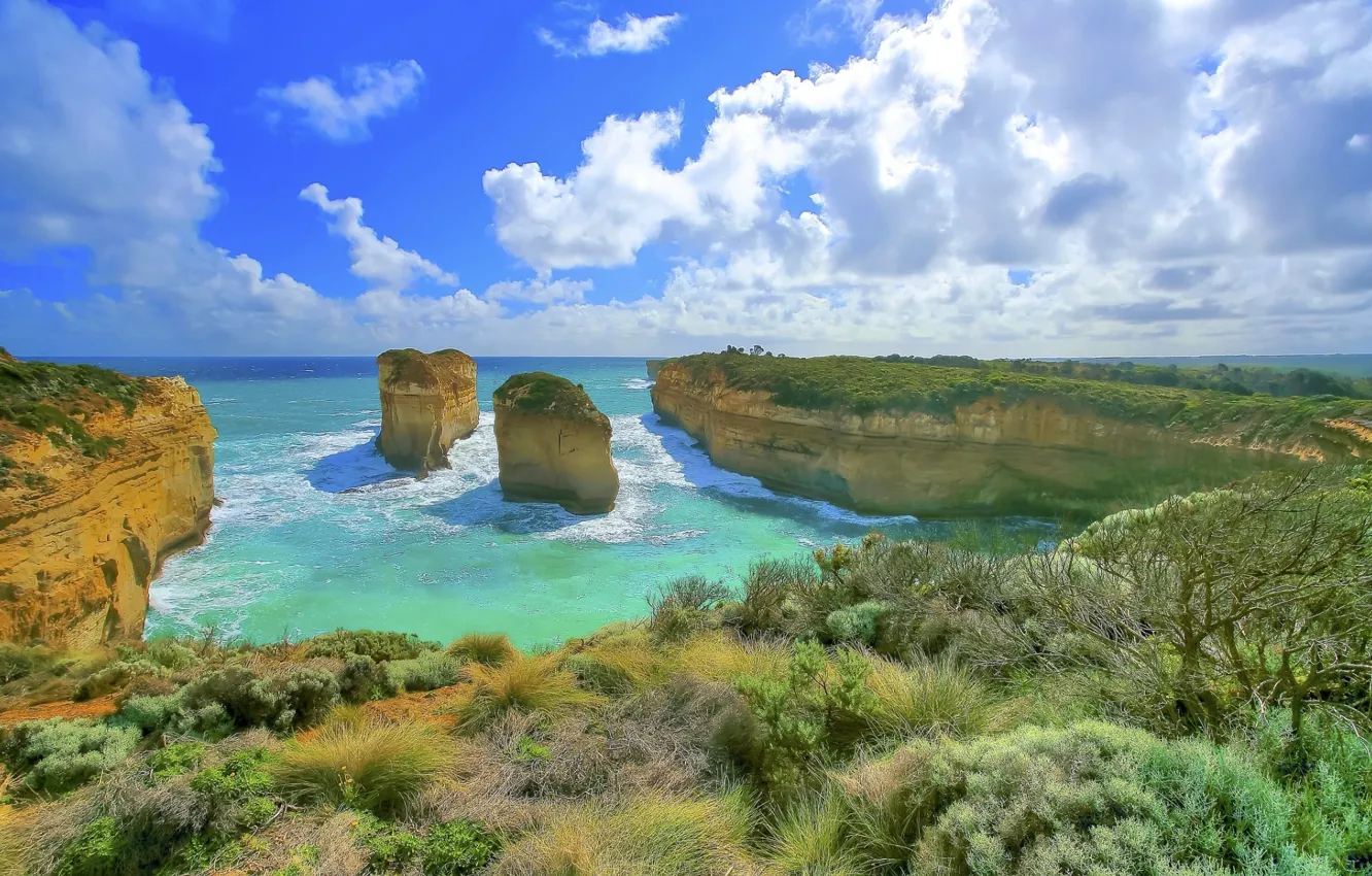 Photo wallpaper sea, summer, the sky, grass, clouds, photo, rocks