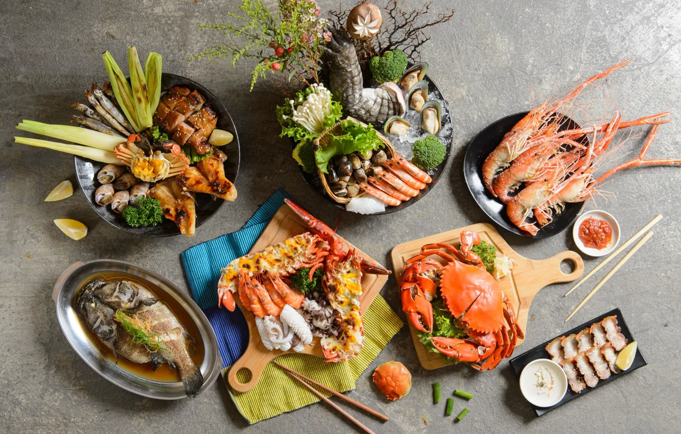 Photo wallpaper crab, fish, shrimp, seafood