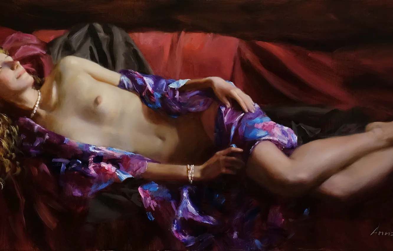 Photo wallpaper sleep, bed, beads, painting, Bathrobe, Naked girl, Anna Marinova, The night is tender