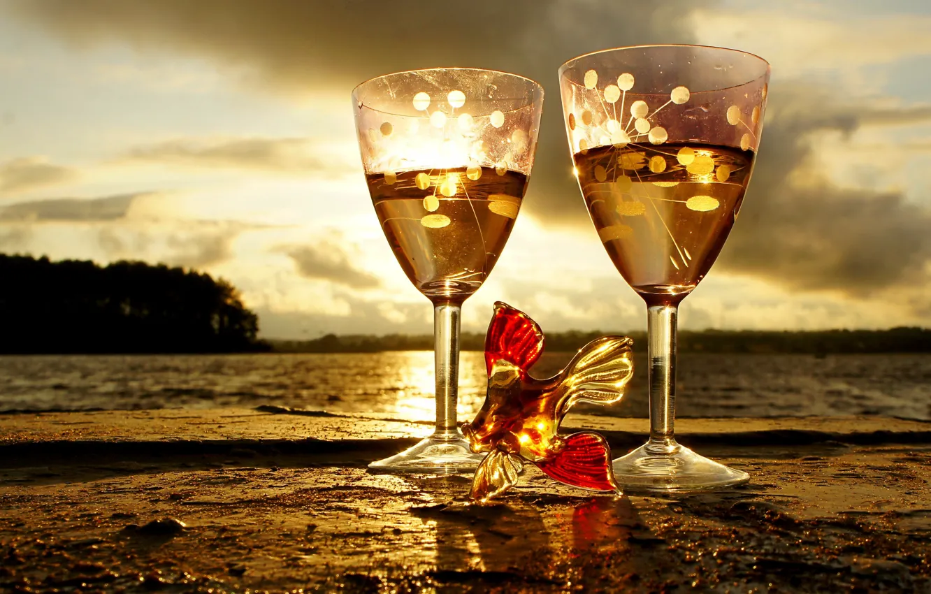 Photo wallpaper glass, water, the sun, landscape, sunset, fish, fish, glasses