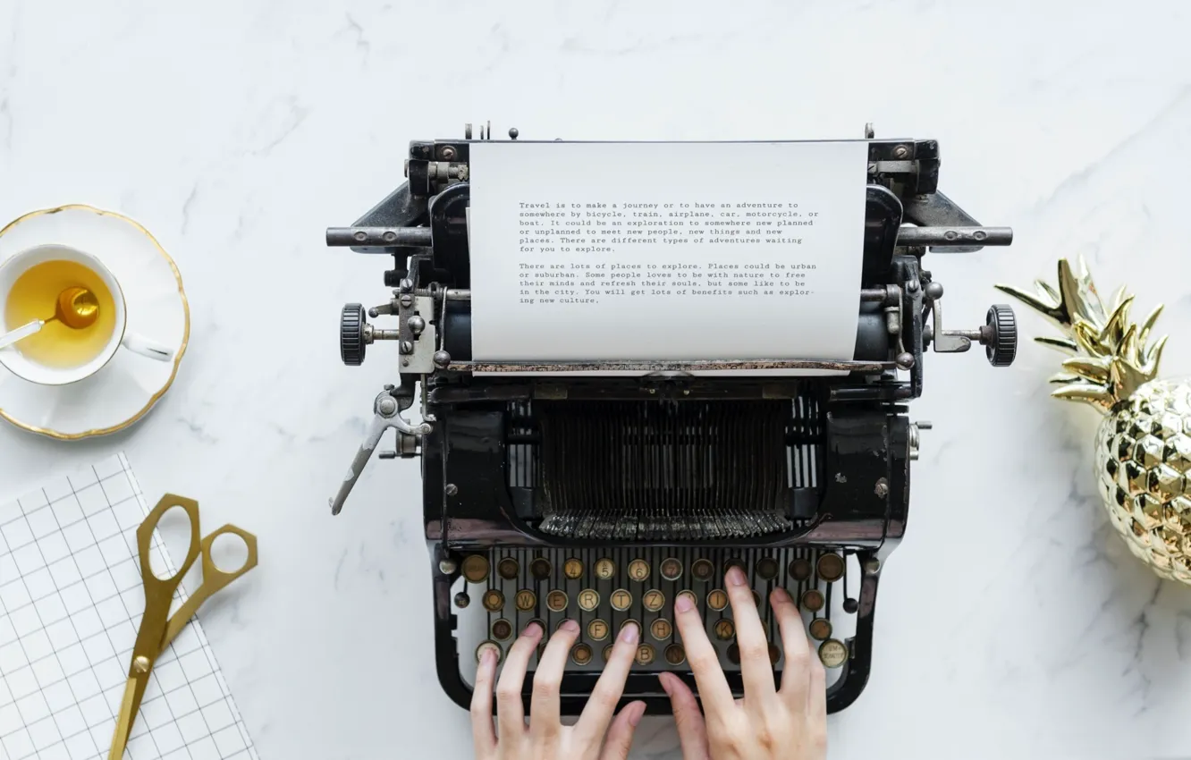 Photo wallpaper table, tea, typewriter, writer