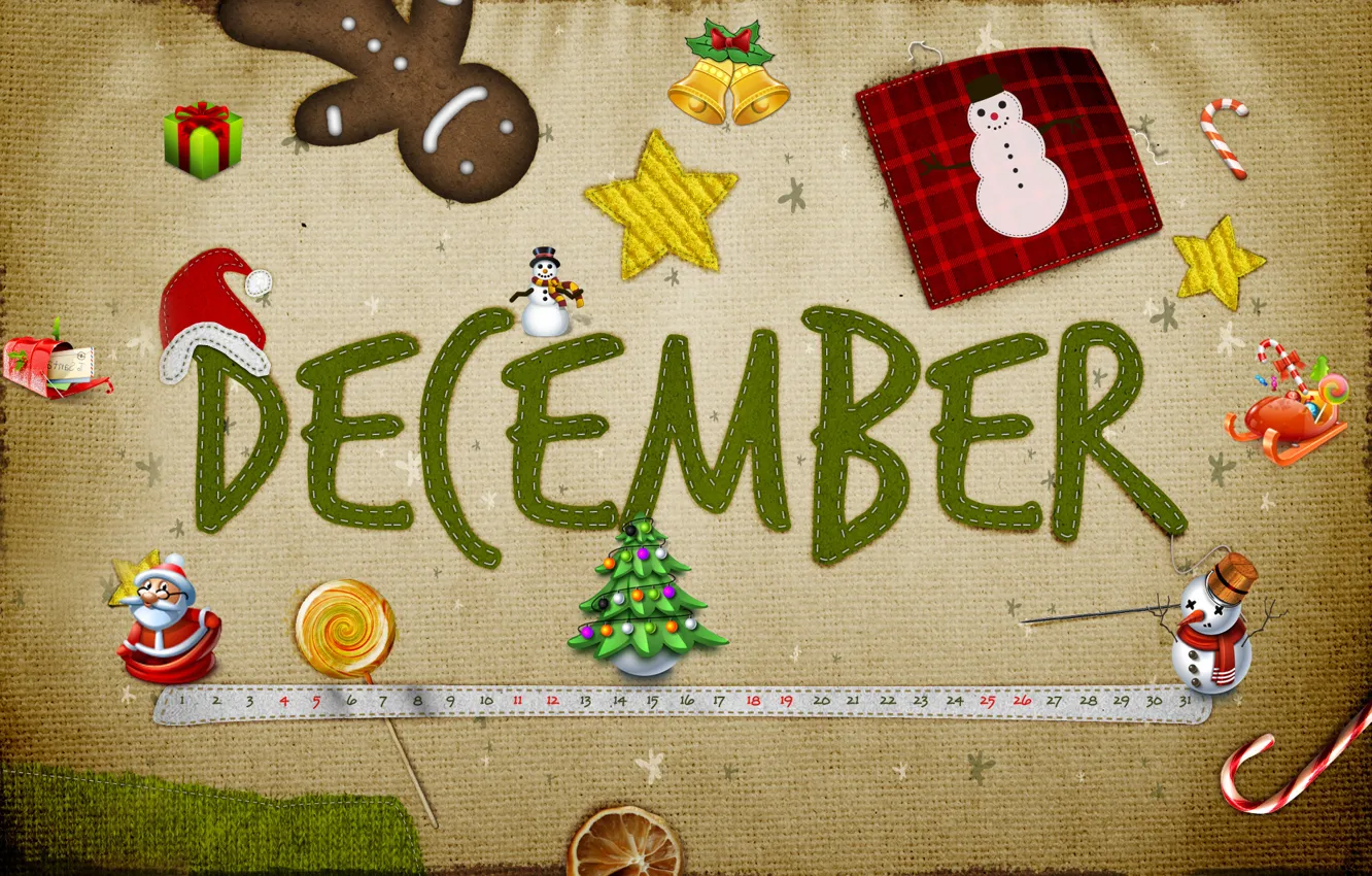 Photo wallpaper snow, gift, star, tree, new year, snowman, Santa Claus, bell