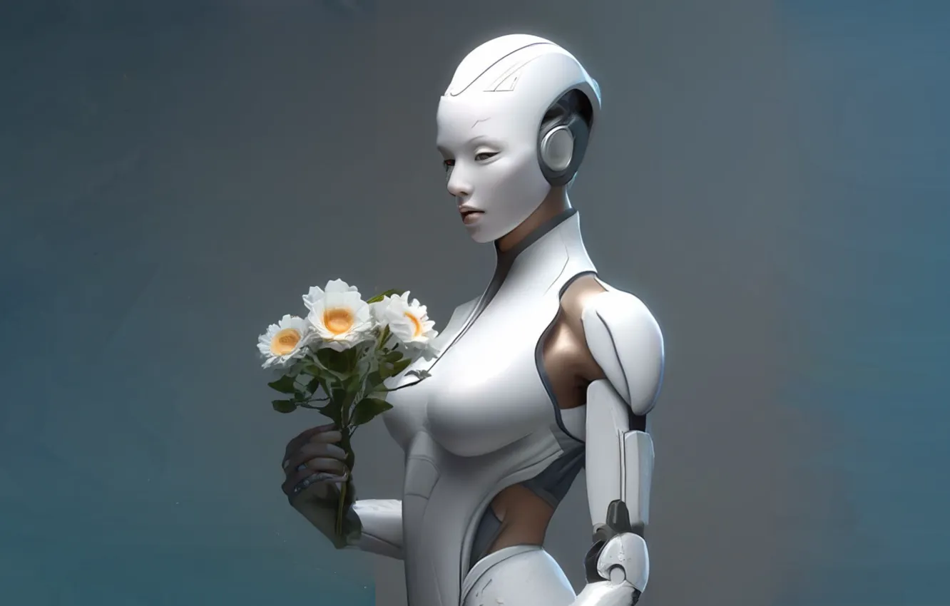 Photo wallpaper girl, flowers, fiction, robot, fantasy, Android, fantasy art, android girl