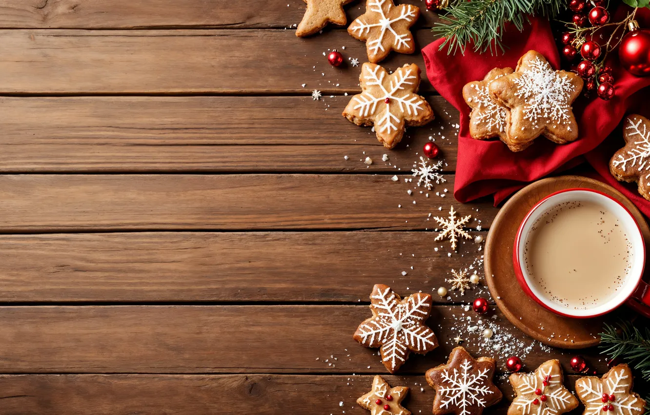 Photo wallpaper decoration, balls, cookies, Christmas, Cup, New year, new year, Christmas