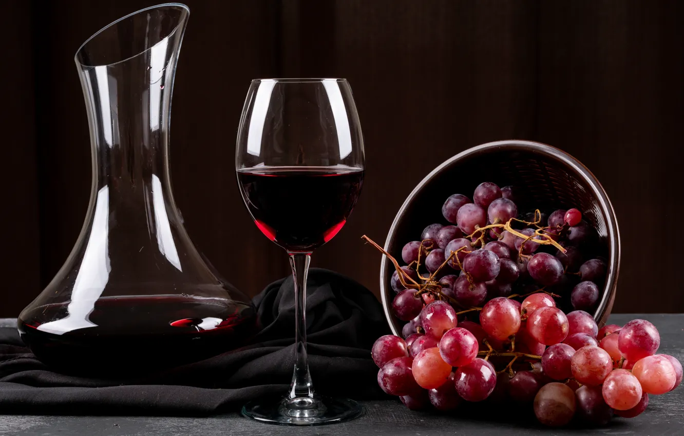 Photo wallpaper wine, glass, grapes, decanter