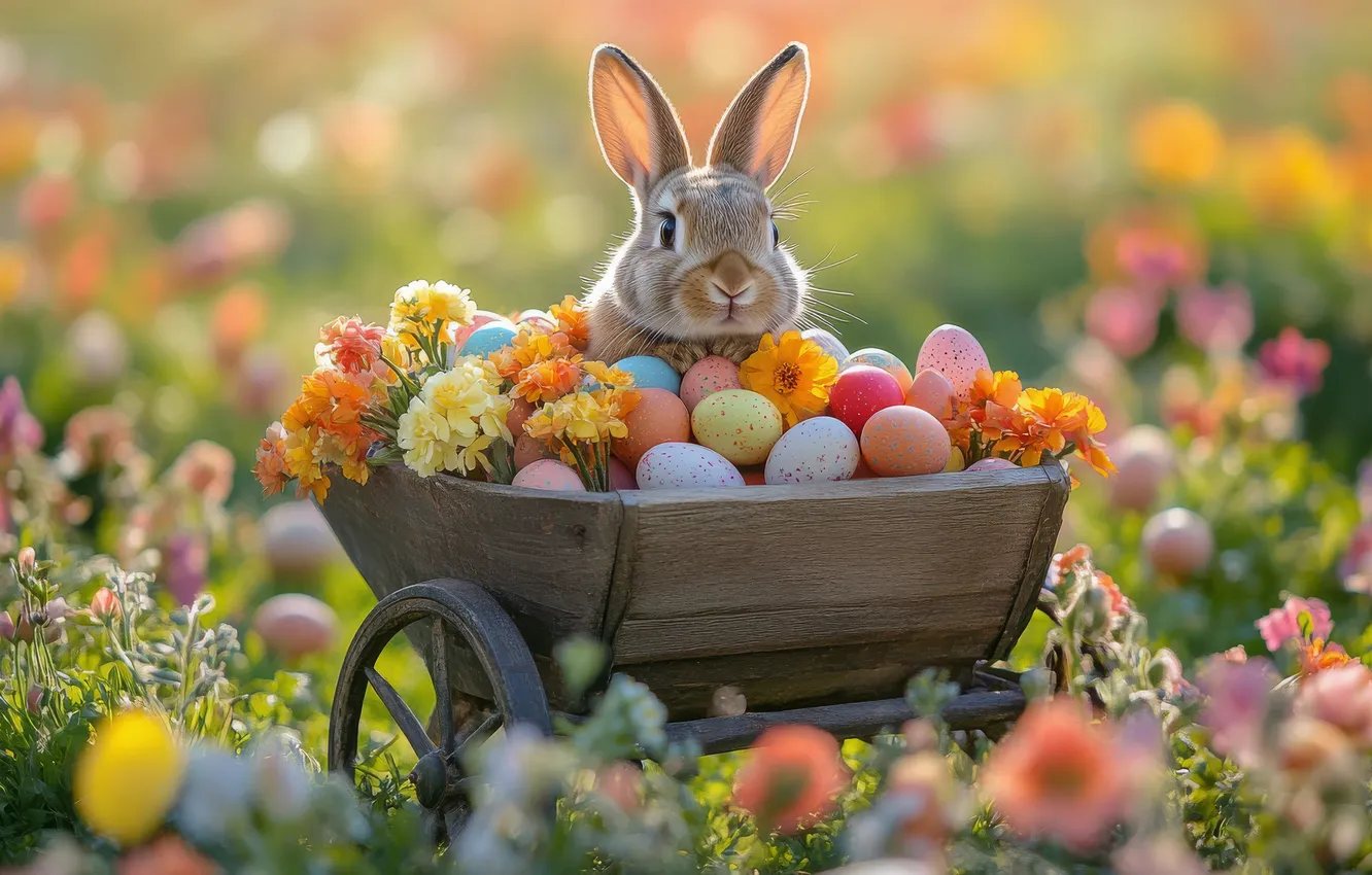 Photo wallpaper look, flowers, holiday, eggs, spring, rabbit, Easter, face