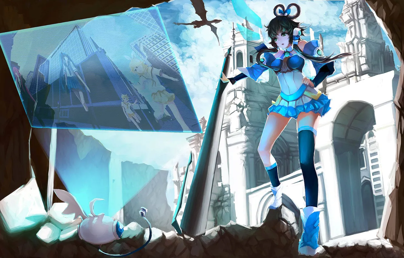Photo wallpaper the sky, girl, clouds, castle, dragon, art, guy, vocaloid