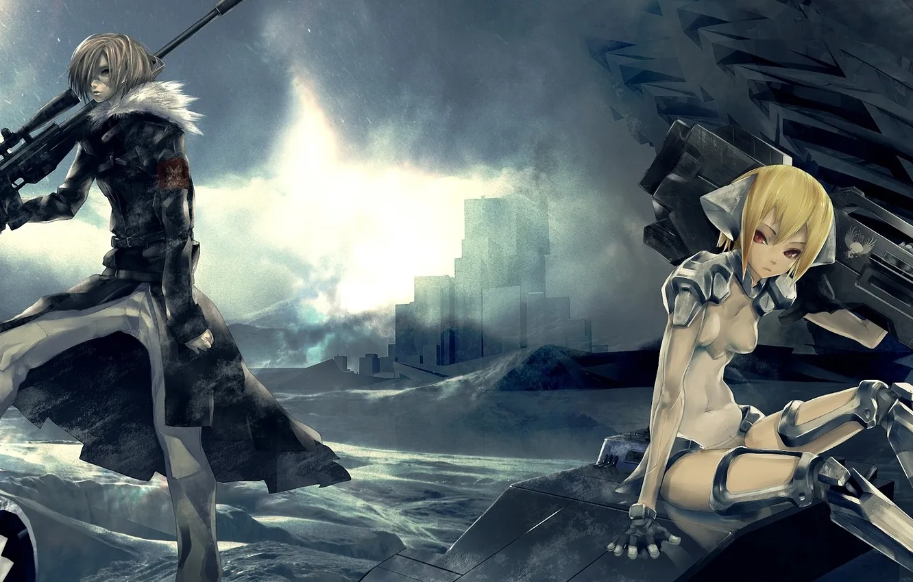 Photo wallpaper girl, the city, weapons, robot, guy, rifle, gaingauge