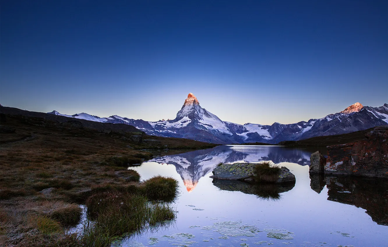 Photo wallpaper mountains, lake, reflection, Alps, Matterhorn