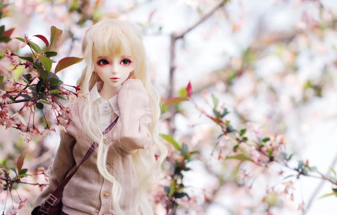 Photo wallpaper girl, flowers, doll, bag
