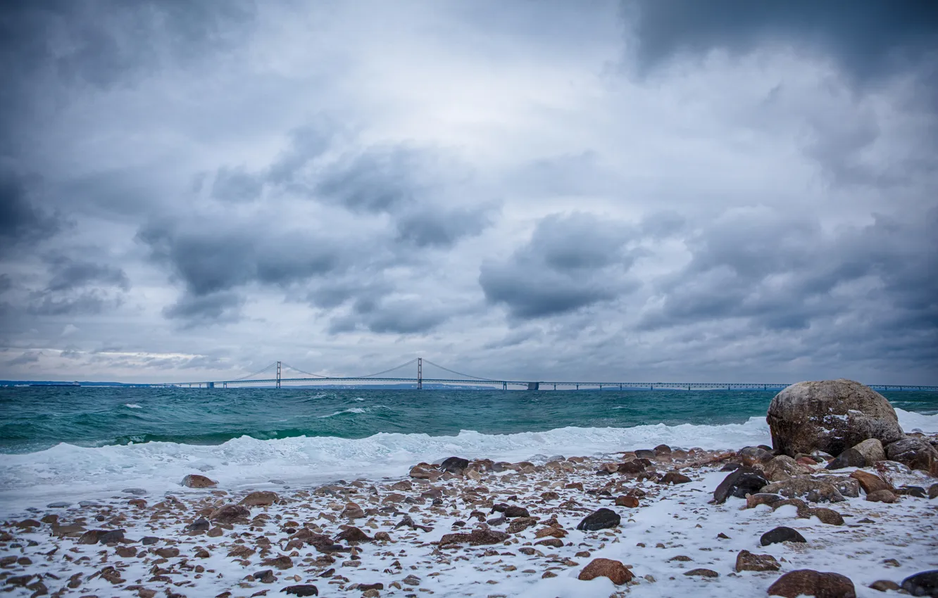 Photo wallpaper wave, beach, clouds, bridge, stones, Bay