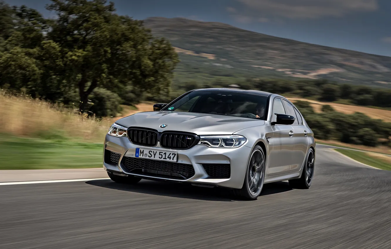 Photo wallpaper grass, grey, hills, BMW, sedan, roadside, 4x4, shrub