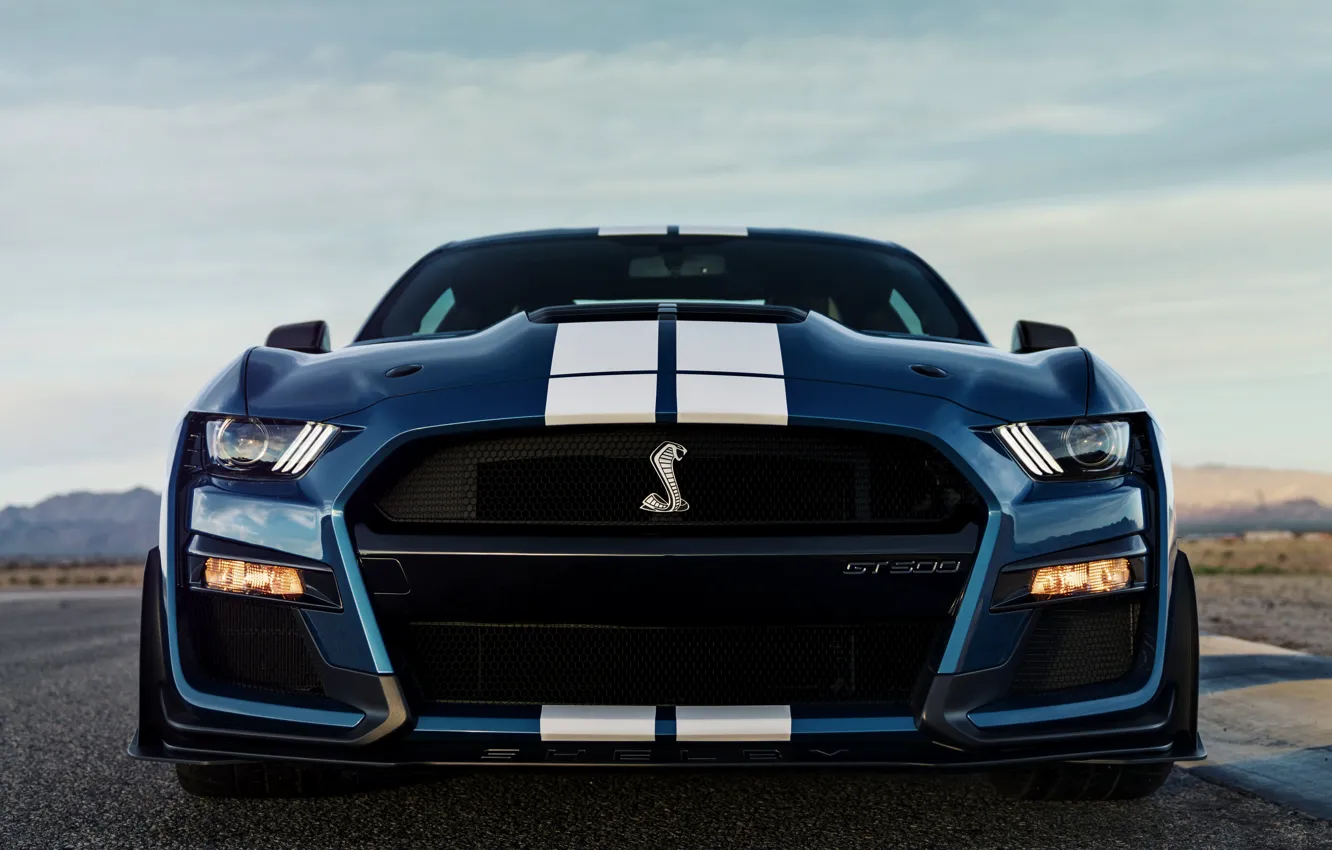Photo wallpaper blue, Mustang, Ford, Shelby, GT500, front view, 2019