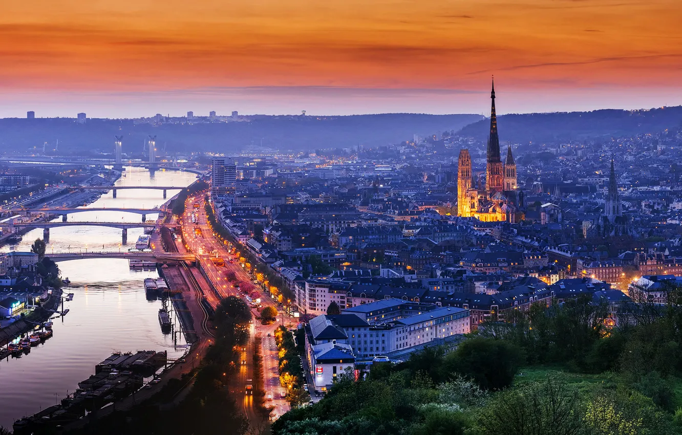 Photo wallpaper the city, lights, the evening, Normandy, Rouen, France