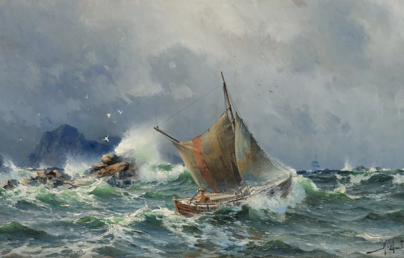Photo wallpaper wave, birds, stones, rocks, sail, boat, Herman Gustav Sillen, Stormy sea
