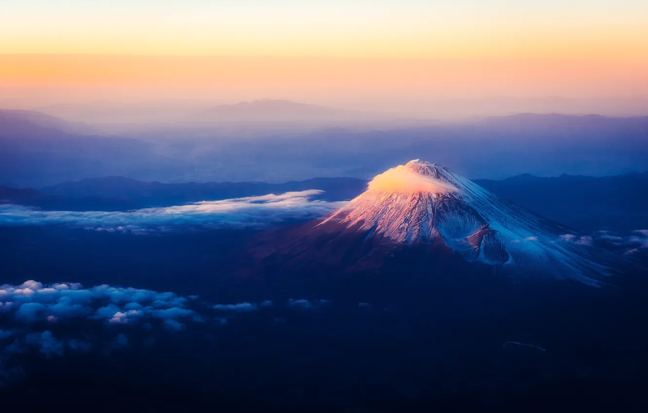 Photo wallpaper clouds, mountain, Japan, Fuji, valley