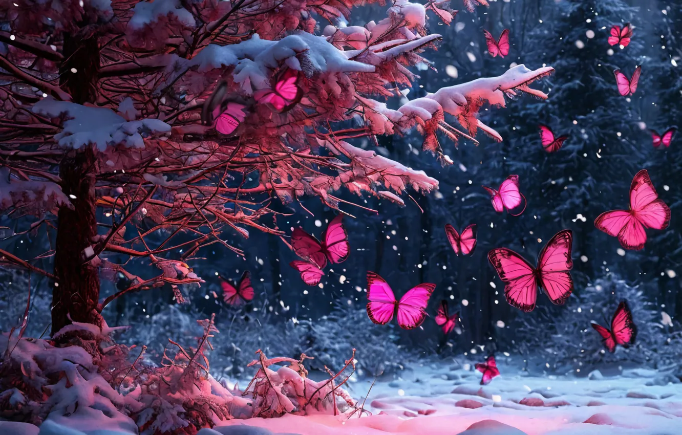 Photo wallpaper butterfly, art, pink