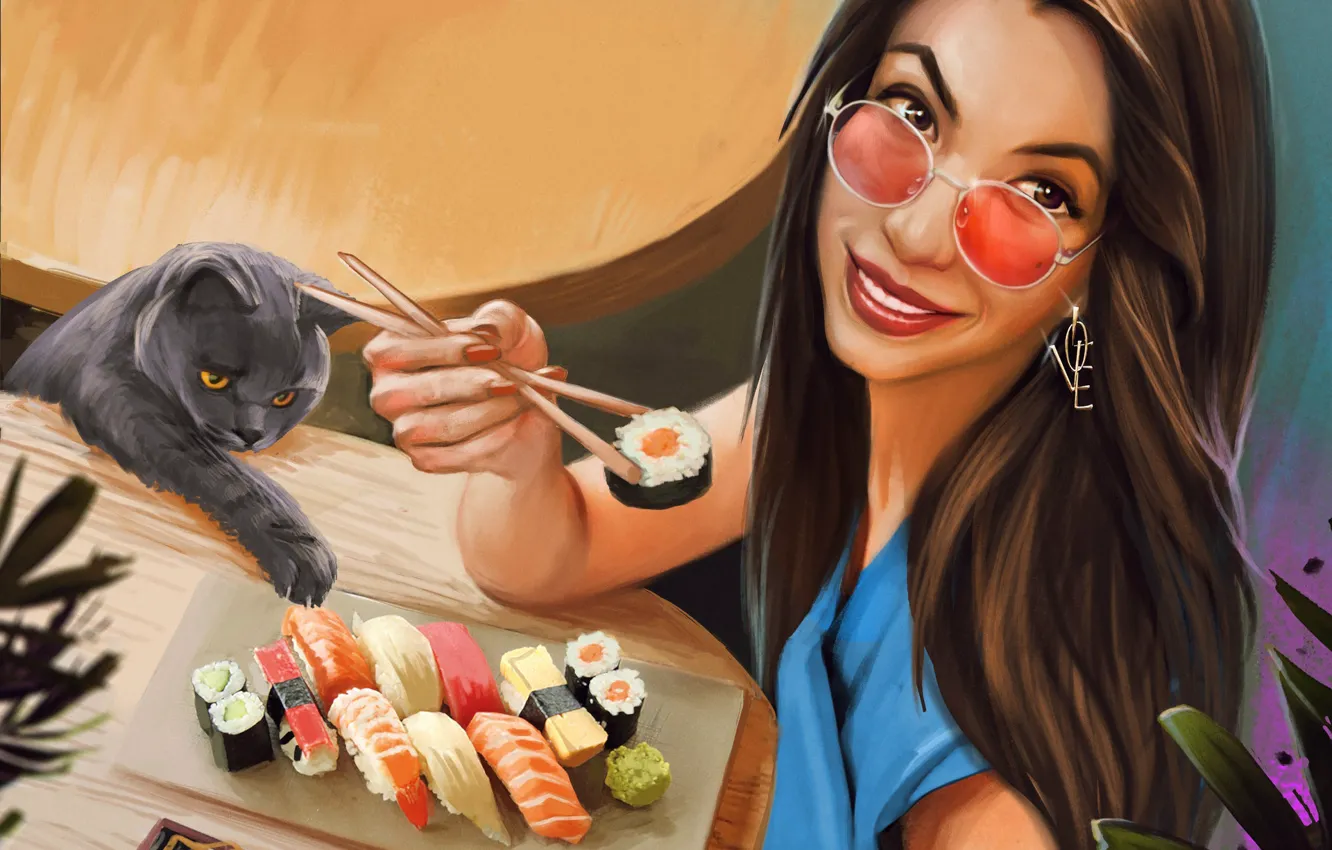 Photo wallpaper cat, look, girl, smile, glasses, sushi, Kaloyan Stoyanov