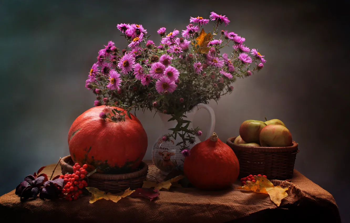 Photo wallpaper autumn, leaves, flowers, apples, October, pumpkin, still life, chrysanthemum