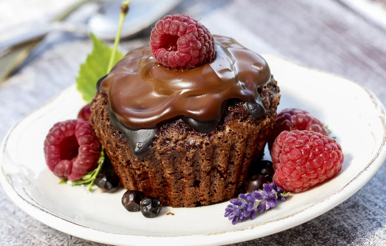 Photo wallpaper raspberry, chocolate, dessert, lavender, muffin