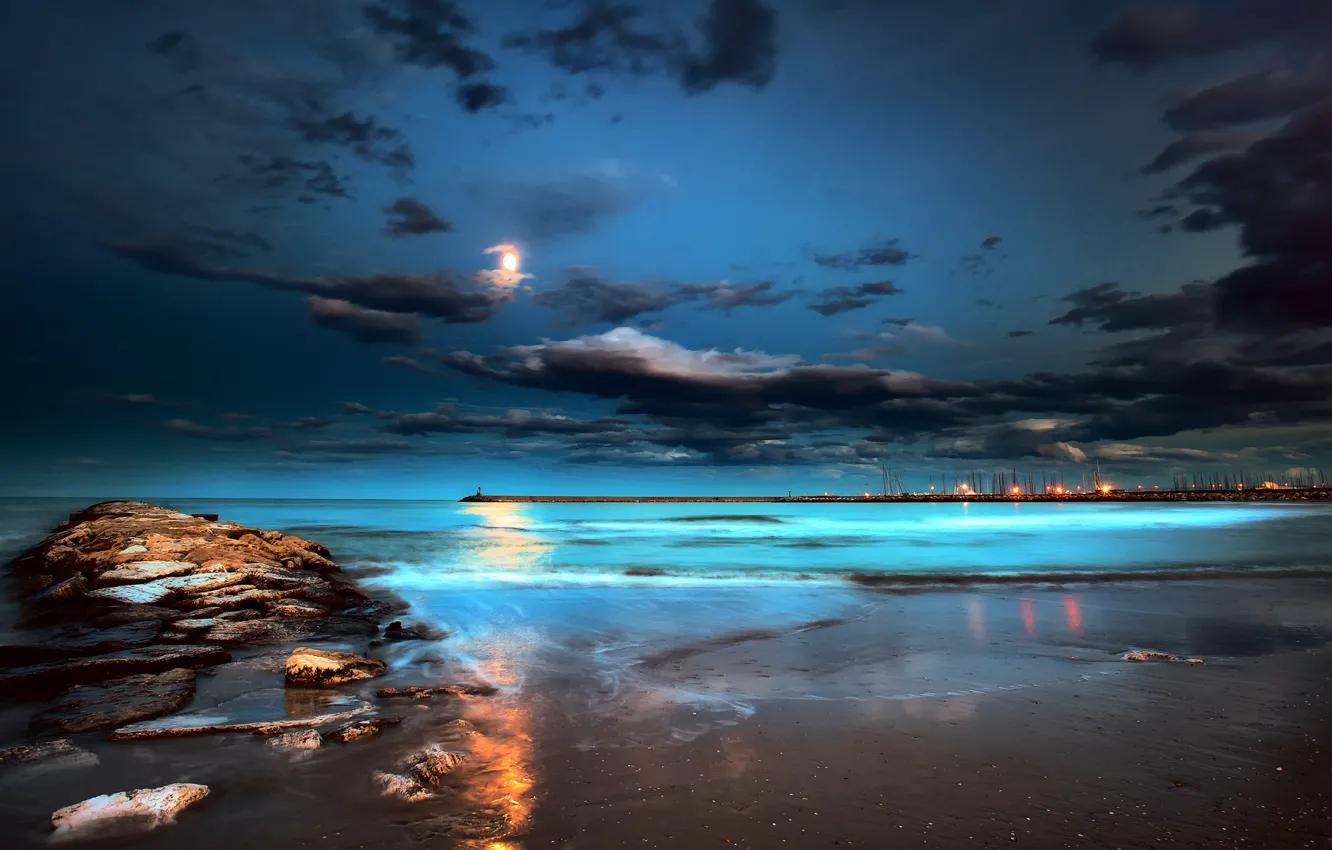 Photo wallpaper sea, beach, night, lights, the moon, pierce