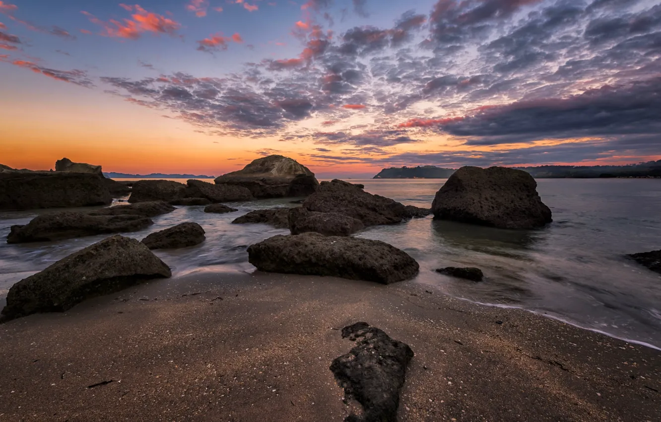 Photo wallpaper sunset, stones, coast, New Zealand, New Zealand