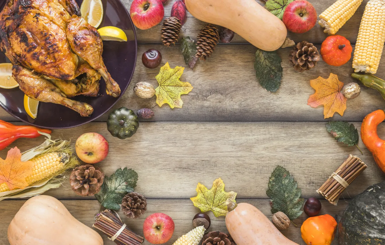 Photo wallpaper autumn, leaves, background, apples, chicken, colorful, pumpkin, fruit