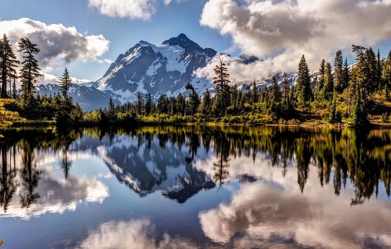 Photo wallpaper mountains, nature, lake