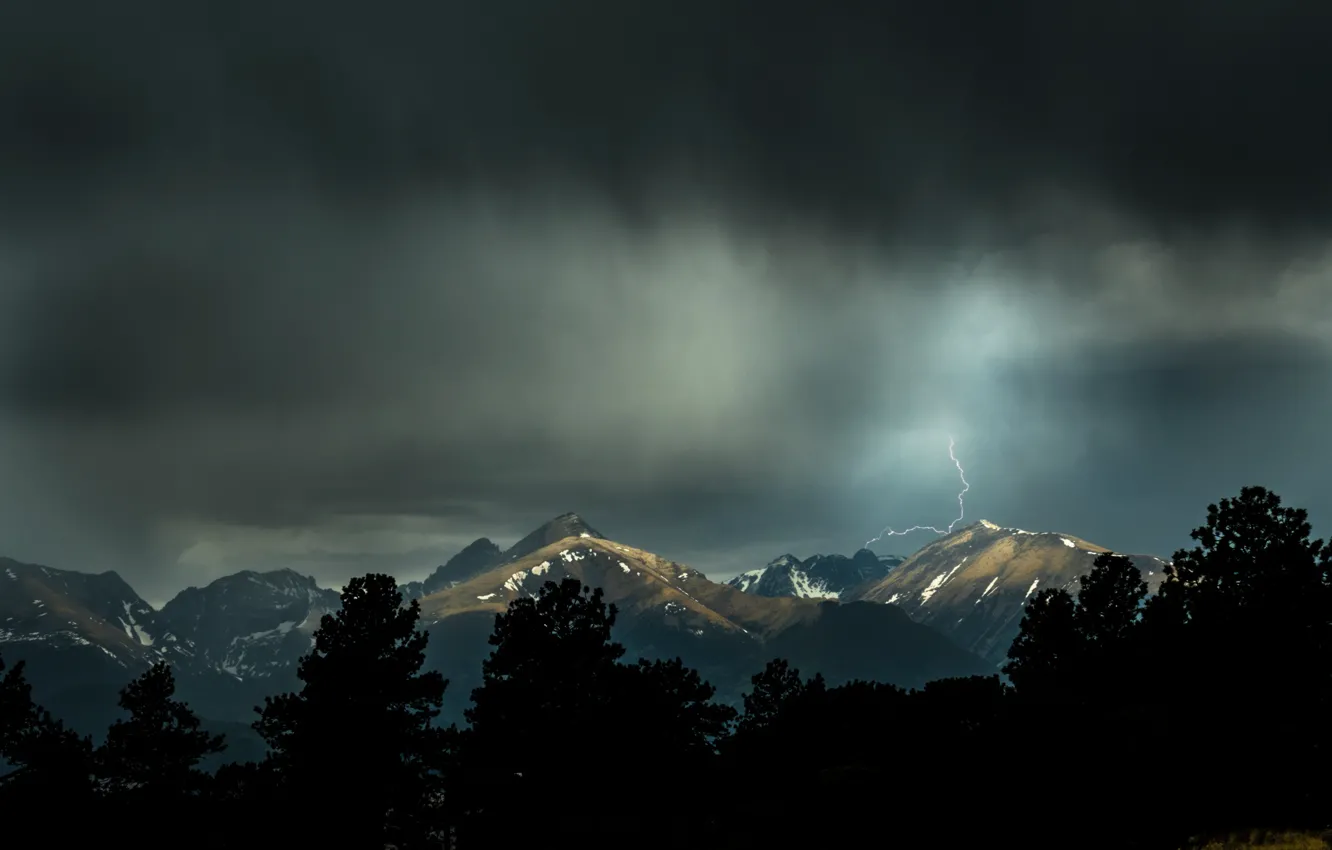Photo wallpaper the sky, trees, mountains, clouds, nature, rocks, lightning