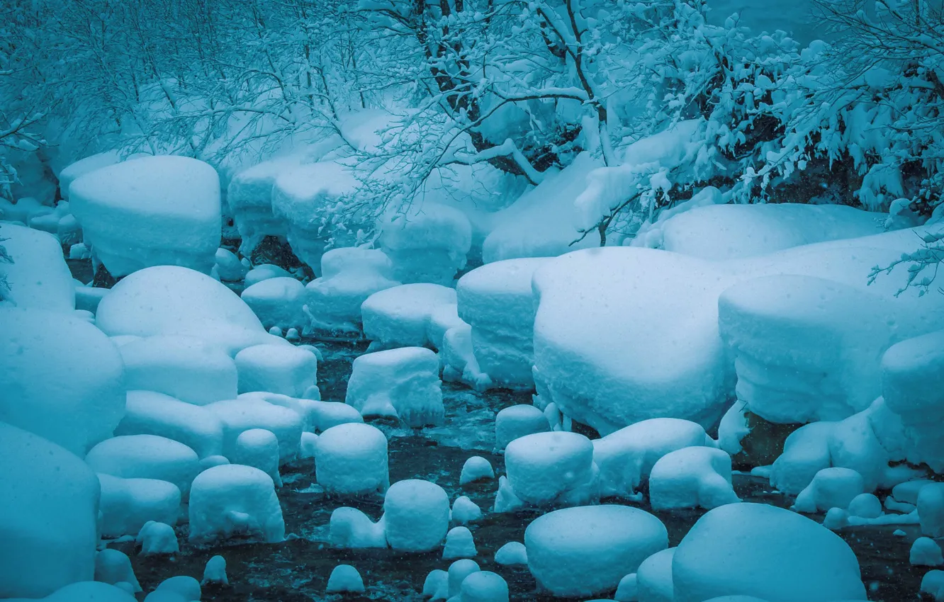 Photo wallpaper Winter, Stream, Snow, River, Frost