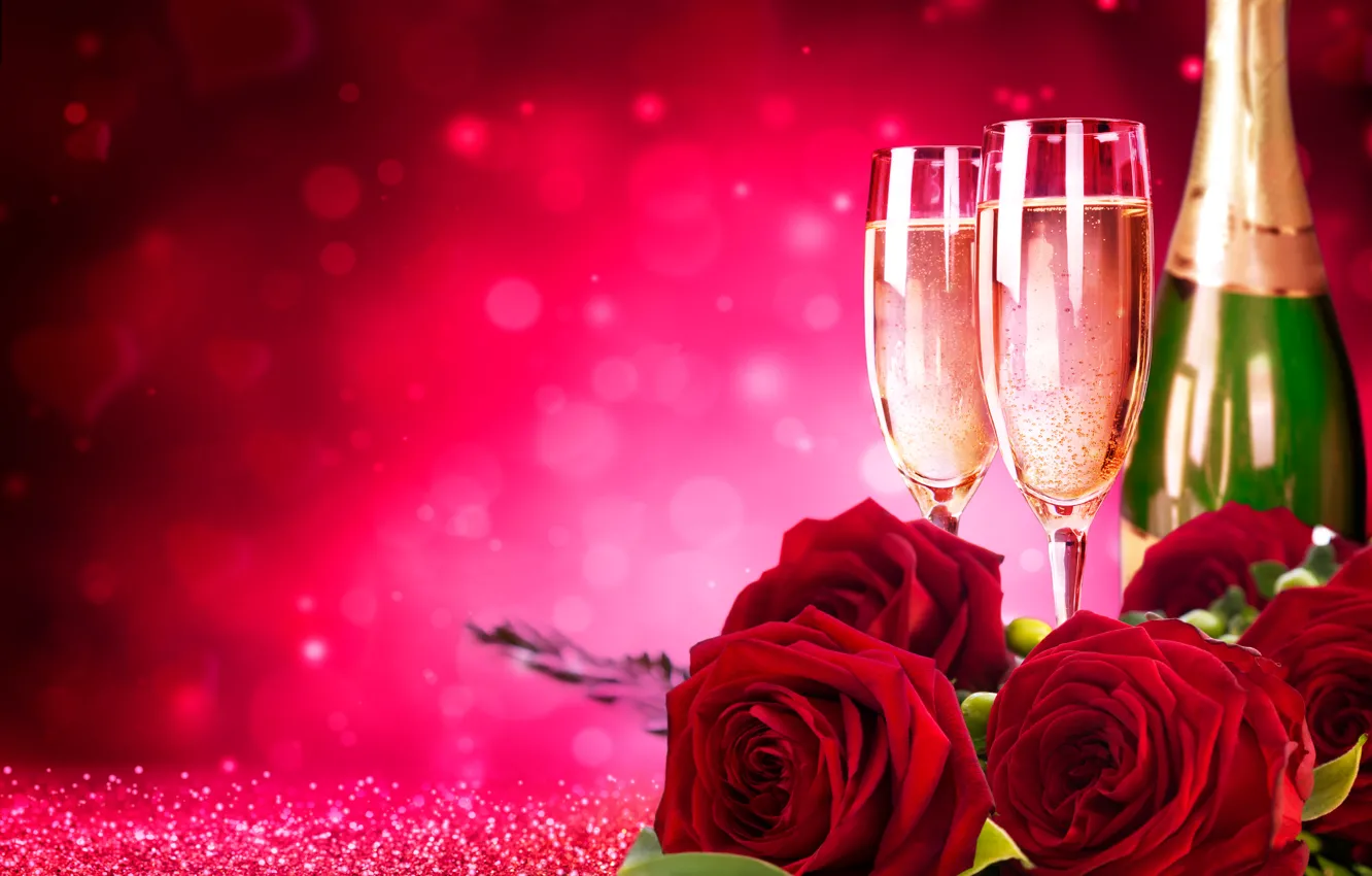 Photo wallpaper flowers, red, glare, glass, bottle, roses, champagne