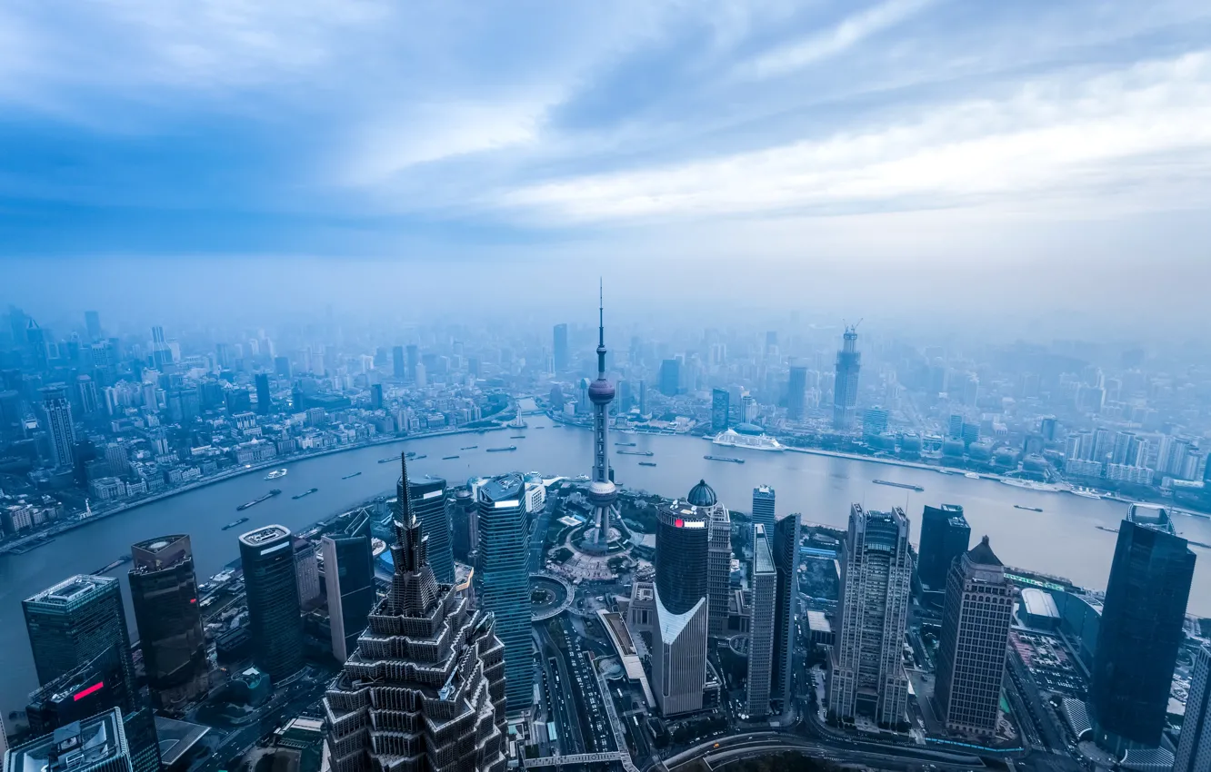 Photo wallpaper fog, river, blue, home, skyscrapers, panorama, China, Shanghai