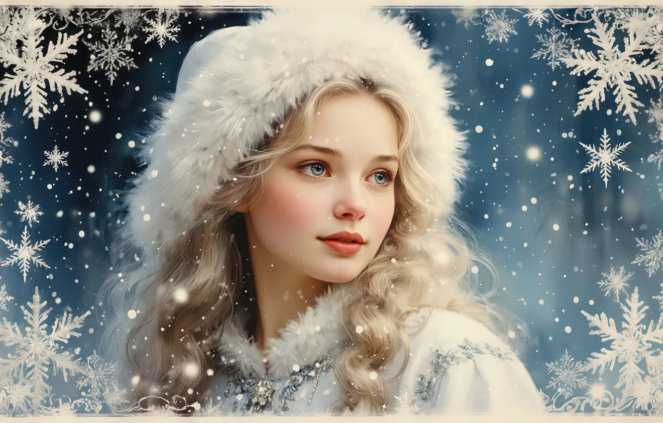 Photo wallpaper hat, winter, snow, maiden, fur