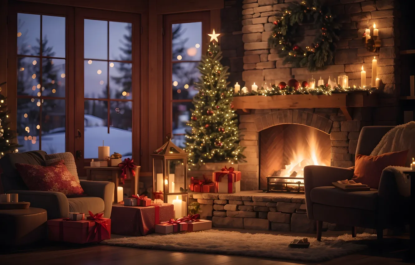 Photo wallpaper decoration, room, gift, balls, tree, new year, interior, Christmas