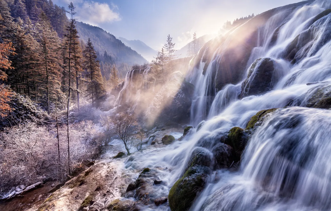 Photo wallpaper forest, trees, mountains, stones, waterfall, China