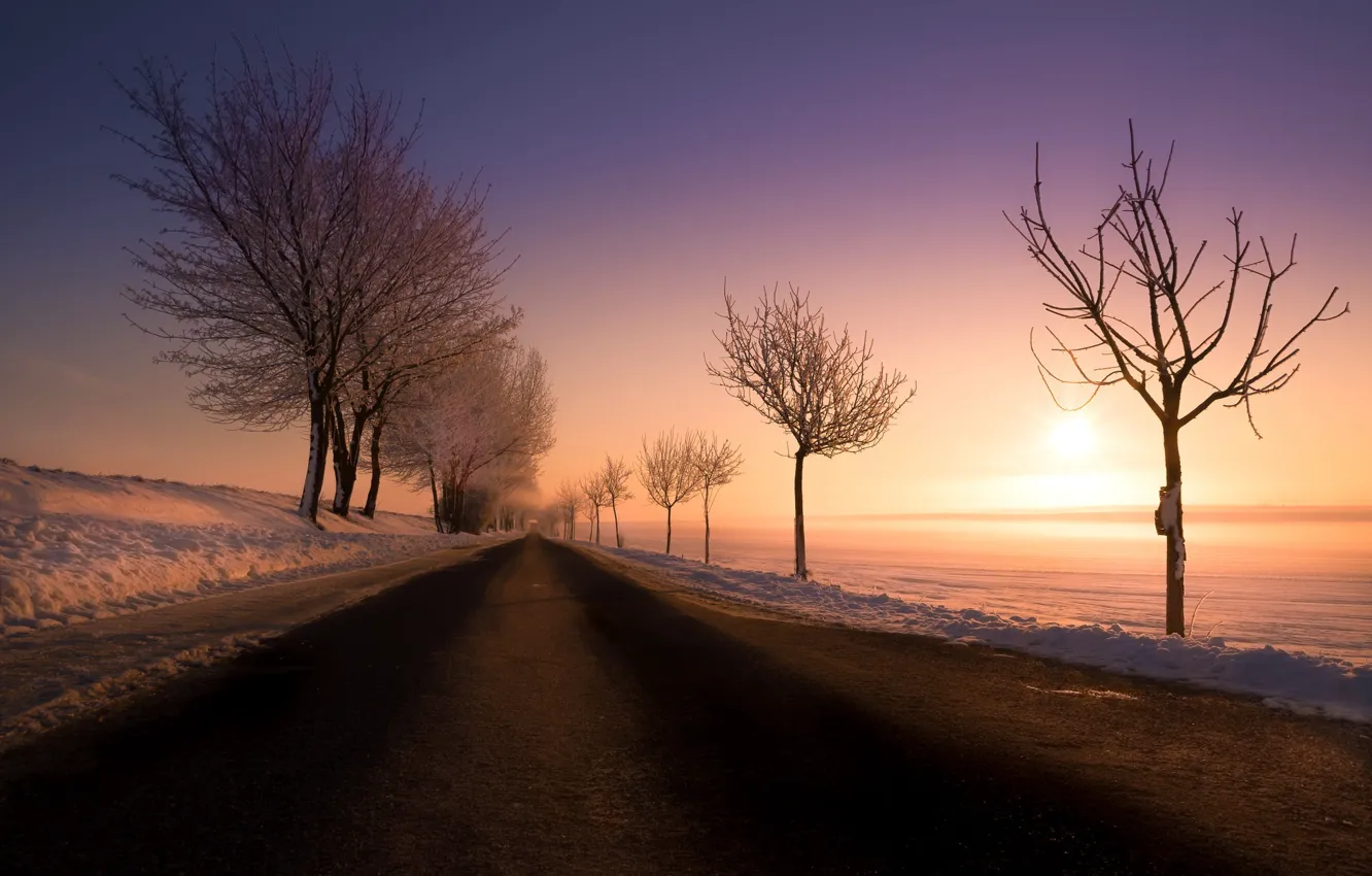 Photo wallpaper winter, road, sunset