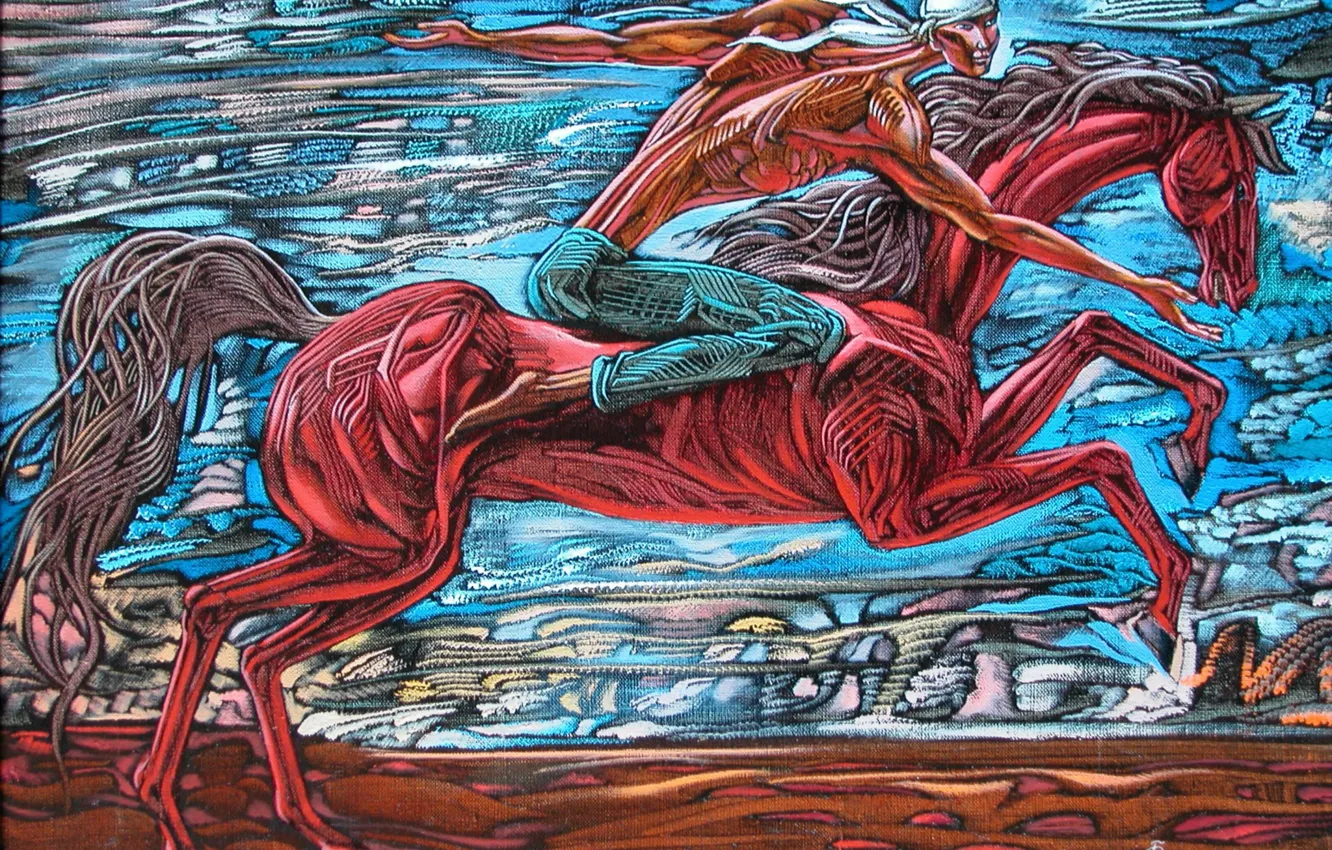 Photo wallpaper Aibek Begalin, Two thousand seven, the guy rushes, white handkerchief, Sunsi, red horse