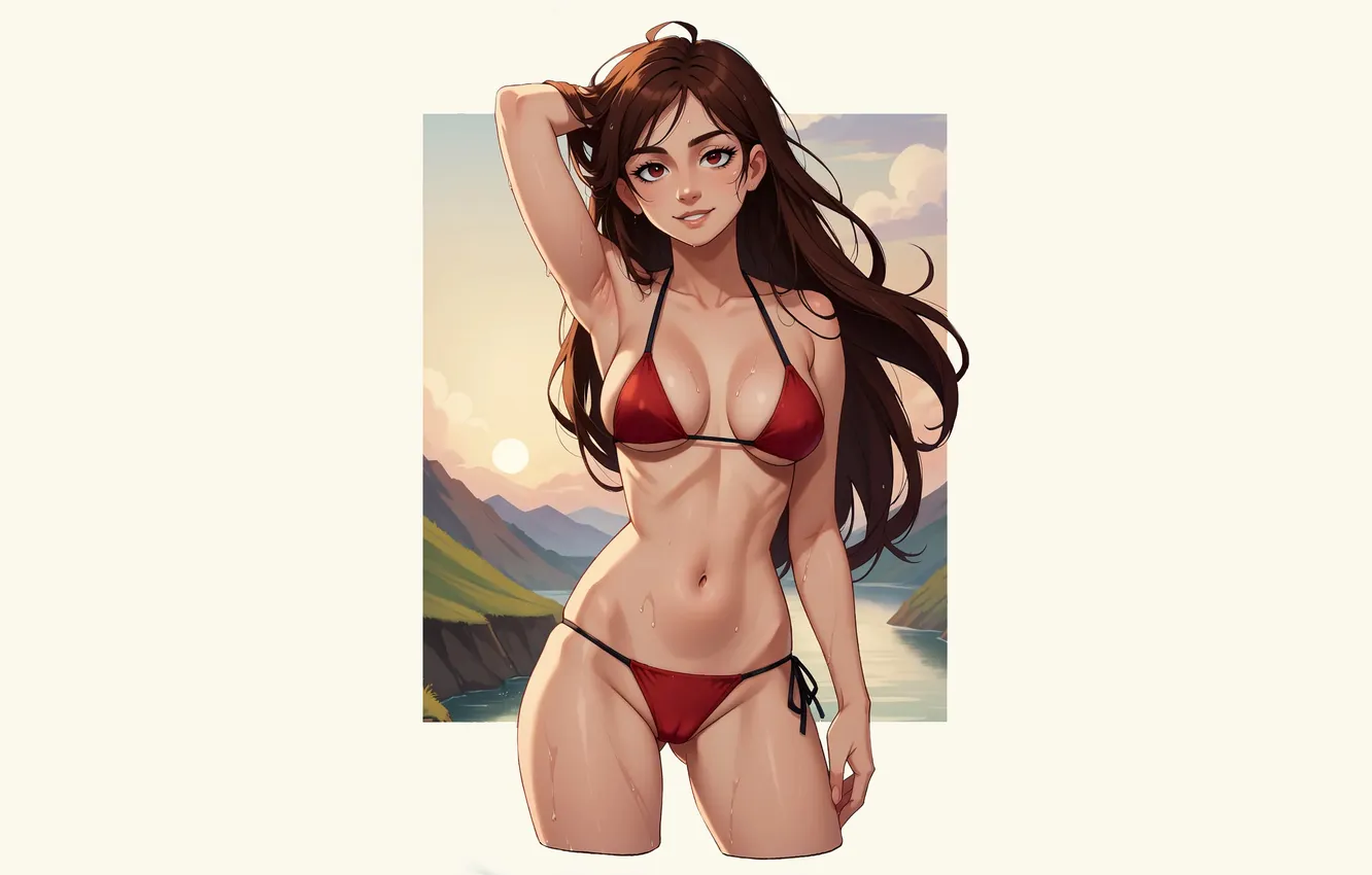 Photo wallpaper kawaii, girl, Stretch, long hair, anime, background, mountains, cartoon