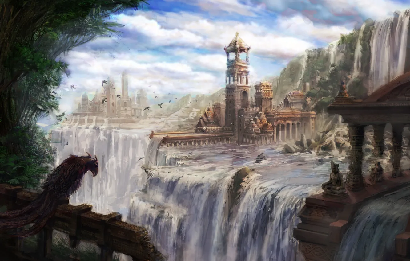 Photo wallpaper the city, bird, waterfall, art, ruins