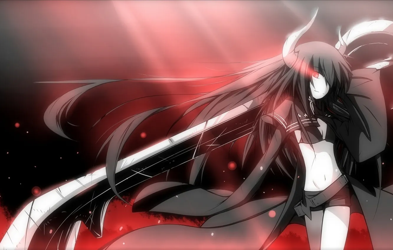 Photo wallpaper girl, weapons, anime, art, horns, black rock shooter, carbon, insane black rock shooter