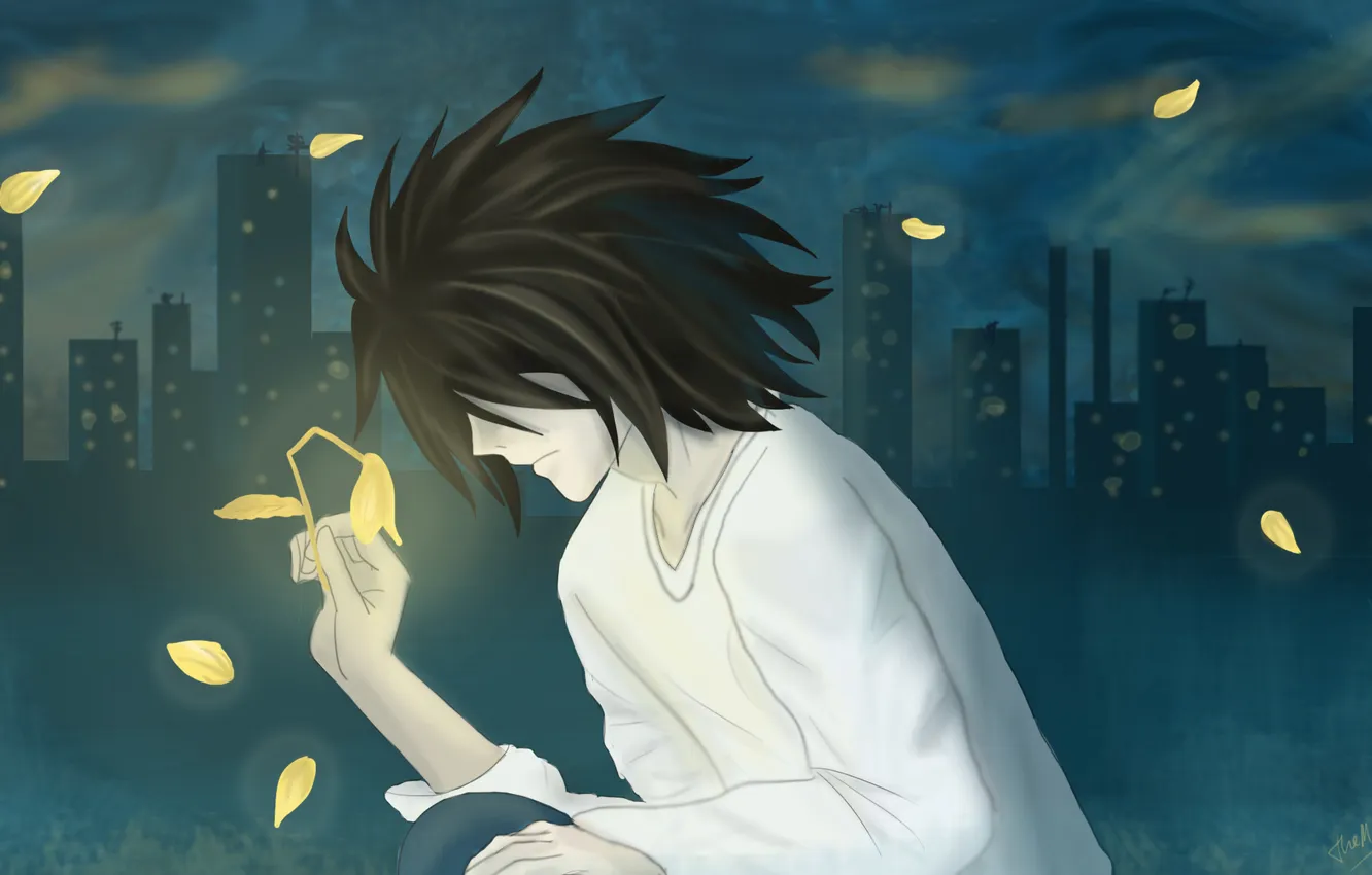 Photo wallpaper flowers, the city, petals, guy, Death Note, Death Note, art, The-MarveL