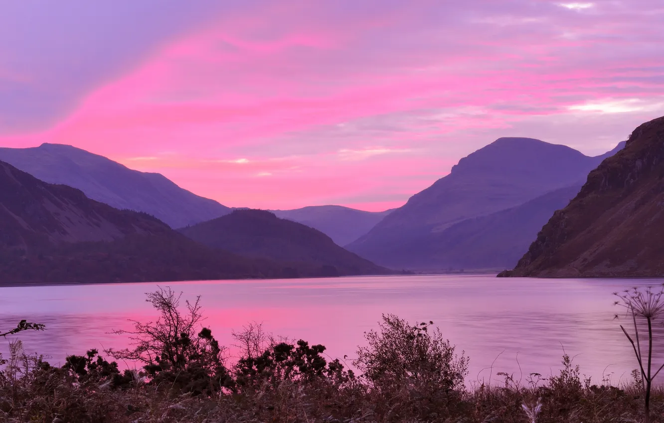 Photo wallpaper mountains, lake, dawn, lilac