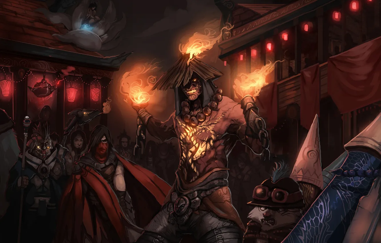 Photo wallpaper flame, building, flashlight, male, League of Legends